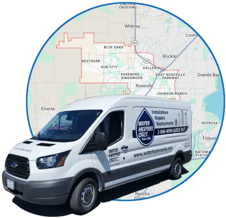 Water Heaters Only service van and map of Roseville, CA
